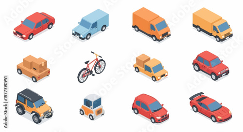 Collection of isometric vehicles and transportation icons on a white background.