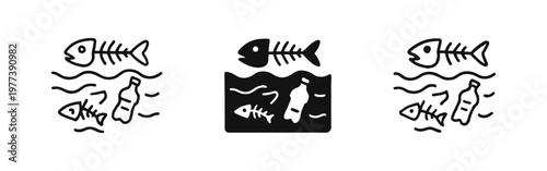 Ocean pollution icons with dead fish and plastic waste in various graphic styles