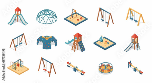 Collection of isometric playground equipment and structures on a white background.