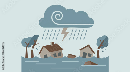 Illustration of a severe flood with submerged houses, heavy rain, and lightning