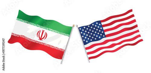 USA and Iran flags crossed on metal poles. Vector illustration of American and Iranian national symbols waving. Concept of diplomacy, international relations and global politics. Vector illustration
