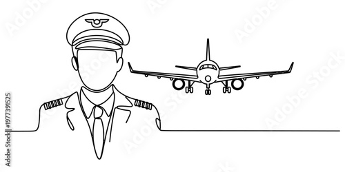 A single continuous line drawing featuring a professional pilot and a flying airplane background Vector, illustration