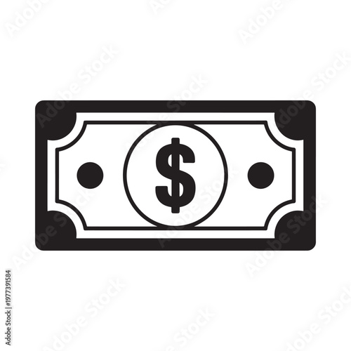 Simple black and white icon depicting a united states dollar bill