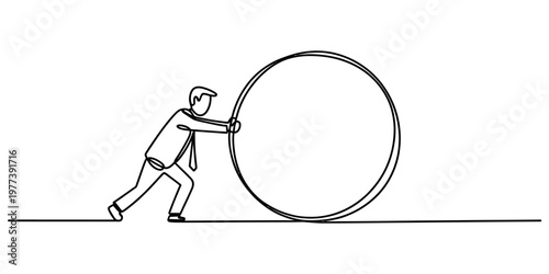 A single continuous line drawing of a businessman pushing a large circular stone uphill progress Vector, illustration