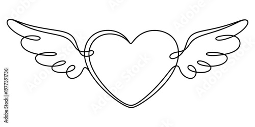 A beautiful continuous line drawing featuring a heart shape adorned with delicate angel wings Vector, illustration