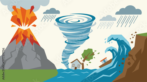 Natural Disasters Illustration: Volcano, Tornado, Flood, and Landslide