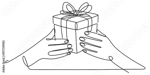 Minimalist continuous line drawing of hands holding a wrapped birthday present gift box isolated Vector, illustration
