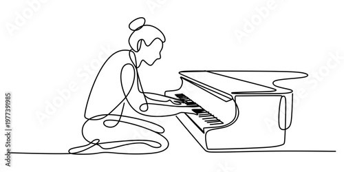 A continuous single line drawing of a woman playing a grand piano with focus and artistic grace. Vector, illustration