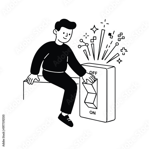 Man turning on a large light switch with sparks flying.