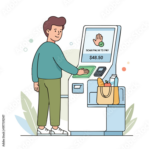 Man using selfcheckout machine in a modern store.