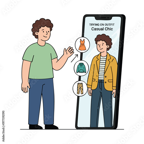 Man using smartphone app for virtual outfit try on.