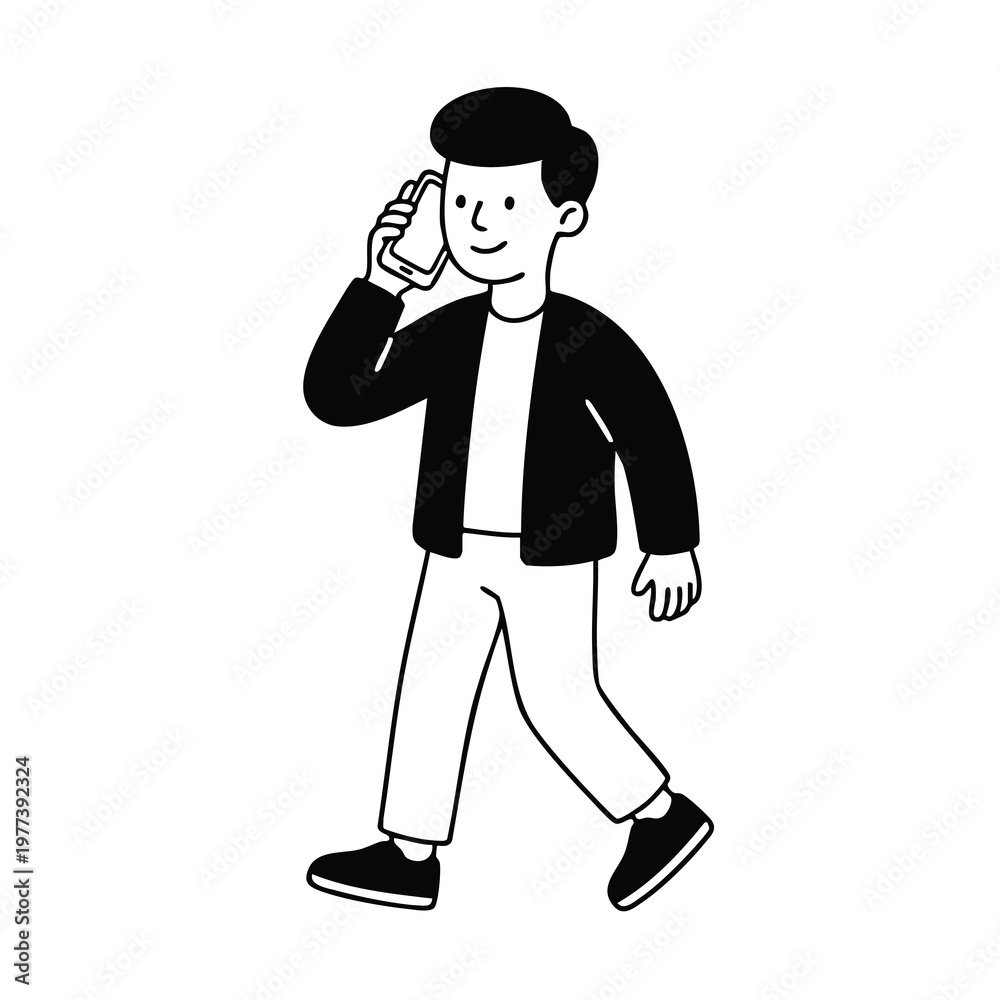 Obraz premium Man Walking While Talking on Cell Phone.