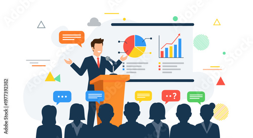 Confident male speaker in suit addresses audience from podium, presenting colorful pie and bar charts on screen with speech bubbles indicating communication and questions,