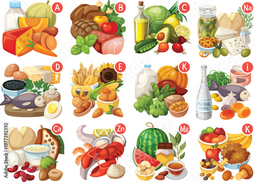 Assortment of foods rich in vitamins and minerals Keywords vitamin A, vitamin B, vitamin C