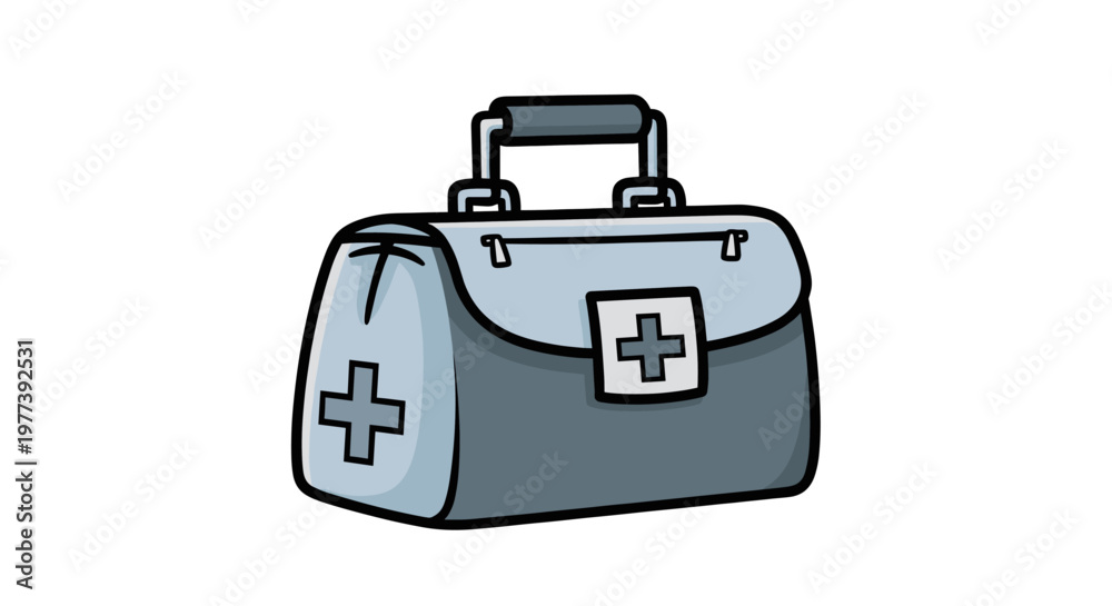 Fototapeta premium A cartoon illustration of a gray medical bag with a white cross symbol on its front and side, representing a first aid kit.
