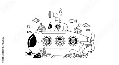 Whimsical underwater scene featuring a classic submarine with smiling crew members peeking from portholes, surrounded by playful fish, waving seaweed, and a curious octopus, all
