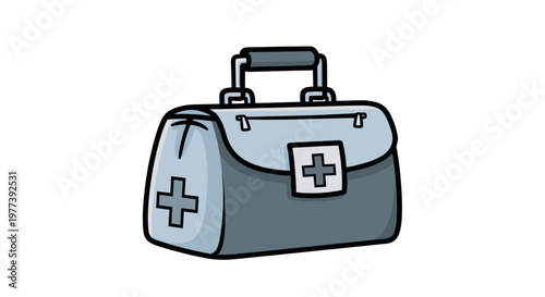 A cartoon illustration of a gray medical bag with a white cross symbol on its front and side, representing a first aid kit.