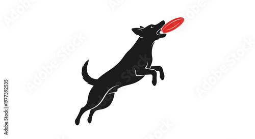 Black Dog Jumping to Catch Red Frisbee, Dynamic Action Silhouette Vector Illustration for Pet Play and Outdoor Activities