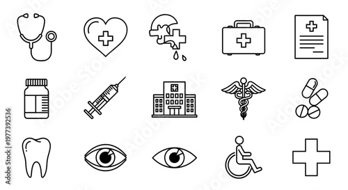 A collection of medical and healthcare-related icons, including a stethoscope, heart, broken heart, first aid kit, and prescription.
