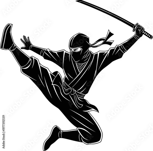 Black Ninja Warrior Jumping With Sword Silhouette.