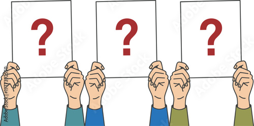 Hands holding signs with question marks confusion