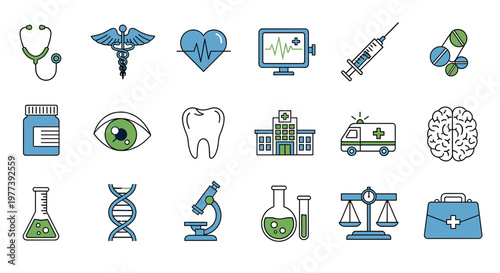 A collection of medical and healthcare-related icons, including a stethoscope, caduceus, heart monitor, syringe, DNA, and hospital.