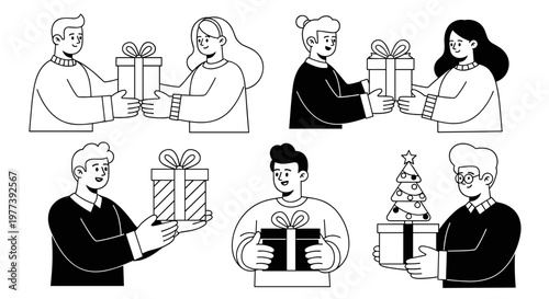 Diverse individuals joyfully exchanging wrapped gifts and a decorated christmas tree, showcasing generosity and festive spirit with clean, modern line art and bold black and white