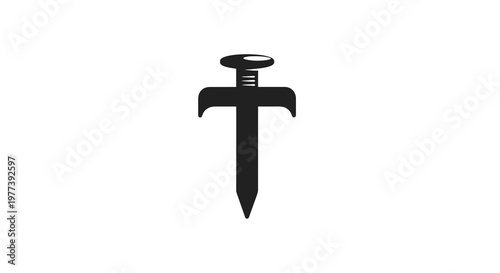 Black stylized nail with a cross shape and a screw head, 3D render, isolated on white background, industrial design element for construction and DIY projects