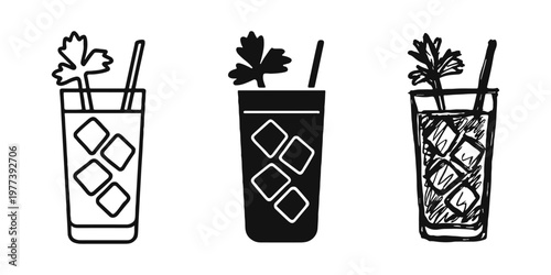 Bloody Mary Cocktail Icon Set with Ice and Celery - Three Styles