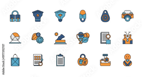 Colorful icons representing concepts like security innovation and achievement silhouette