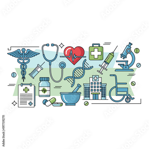 A vibrant collection of medical and healthcare-related icons, illustrating the breadth of the medical field.