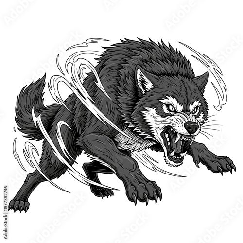 An angry wolf, in a defensive stance, growls with bared teeth and claws, surrounded by a swirling wind effect.