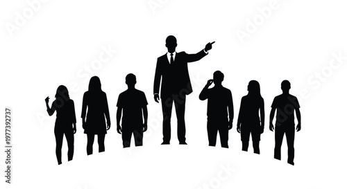 Group of people in business attire a leader pointing forward silhouette