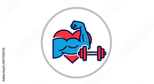 Iconic illustration of a strong heart with a flexing bicep and a dumbbell, symbolizing health, fitness, and physical strength.