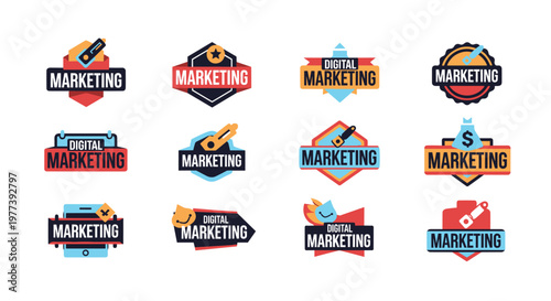 Collection of diverse marketing emblems featuring bold typography, playful icons like tag, star, money bag, and camera, presented in a vibrant color palette of red, blue, orange,