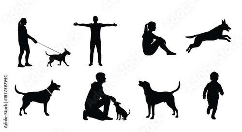 People and dogs in various poses depicted as a black silhouette