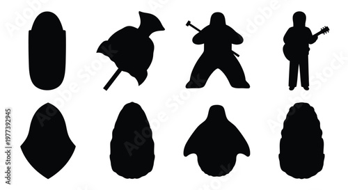 Assorted black silhouettes of objects and people against a white background silhouette