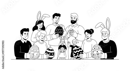 Joyful diverse family members, adults and children, celebrating easter together, holding decorated eggs and wearing bunny ears, depicted with clean lines and a monochrome palette,