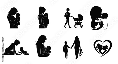 Motherhood depictions various poses with babies a striking silhouette
