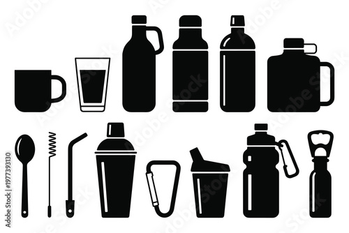 Black and white of various perfume bottles and accessories