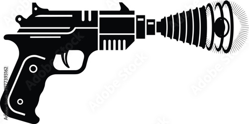 Handgun silhouette, abstract design, energy wave barrel, conceptual firearm, symbolic weapon, artistic illustration, sound pulse, transformation, creative stock artwork