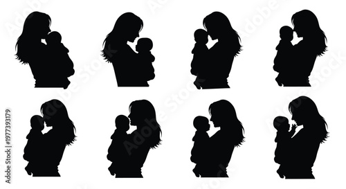 Mothers with babies in various poses a dark silhouette