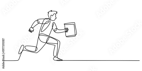 Continuous single line drawing of a man running forward while holding a document or folder tight Vector, illustration