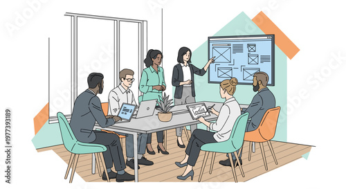 Diverse team collaborates on project planning, presenting website wireframes on screen and analyzing data charts on tablet in a modern office meeting room with pastel accents and