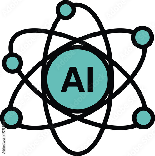 Atom symbol with AI text and orbiting electrons, atom, AI, artificial intelligence