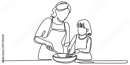 A simple continuous line drawing of a mother and her young daughter cooking together in a kitchen Vector, illustration