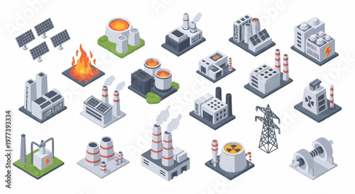 Collection of isometric industrial factory buildings and power generation elements, including solar panels, nuclear power, and traditional factories.