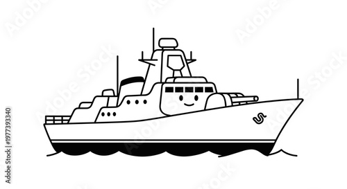 Charming black and white minimalist warship with a friendly face, depicted with clean lines and simple shapes, sailing on stylized wavy water, perfect for educational materials or