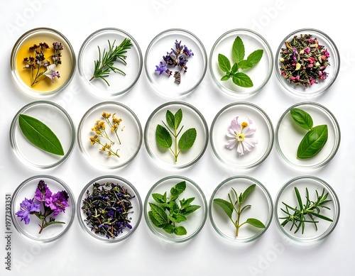 Fifteen petri dishes hold assorted herbs and flowers against a clean white background, viewed from directly above