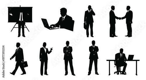 Business professionals in various poses and settings a dark silhouette
